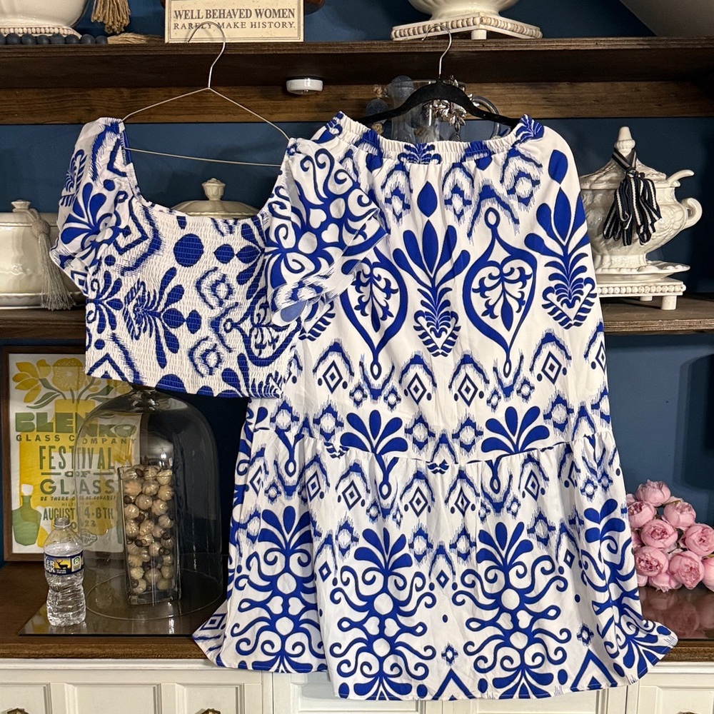 SHEIN White and Blue Maxi Skirt and Matching Crop Top Set